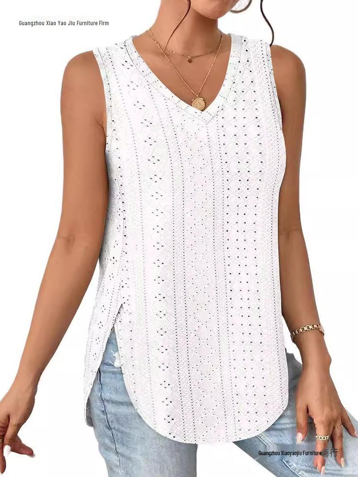 Spring/Summer V-Neck Sleeveless Eyelet Jacquard Women's Casual Vest Top