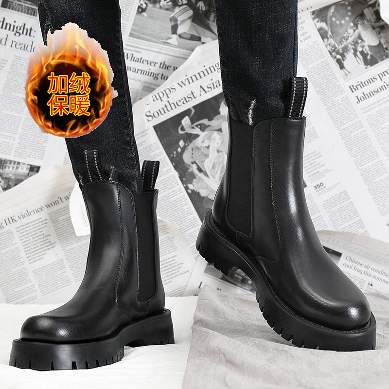 Thick-soled high-top black Martin boots men's leather boots 2025 autumn and winter new cotton boots soft leather men's shoes Chelsea boots