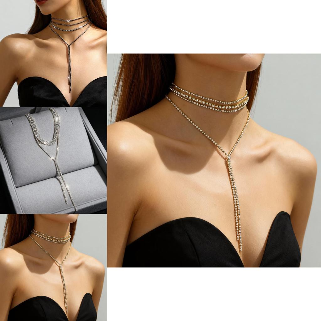 Black Silver Plated Layered Necklace With Shine Cubic Zirconia Stones For Elegant Women