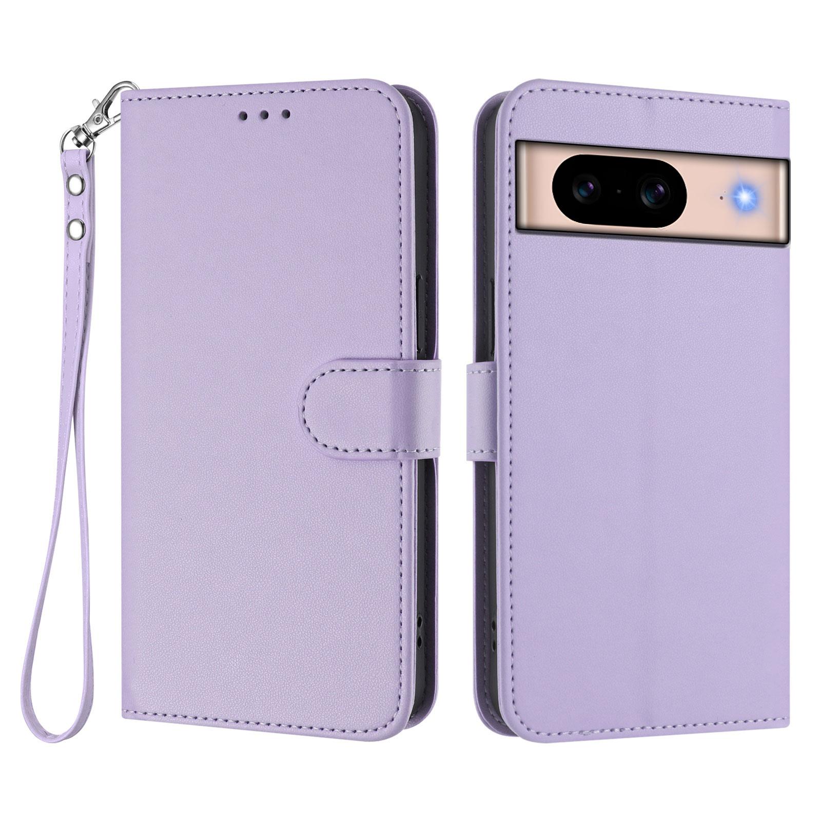 

For Google Pixel 8a Leather Case Wallet Stand Phone Cover with Wrist Strap Light Purple