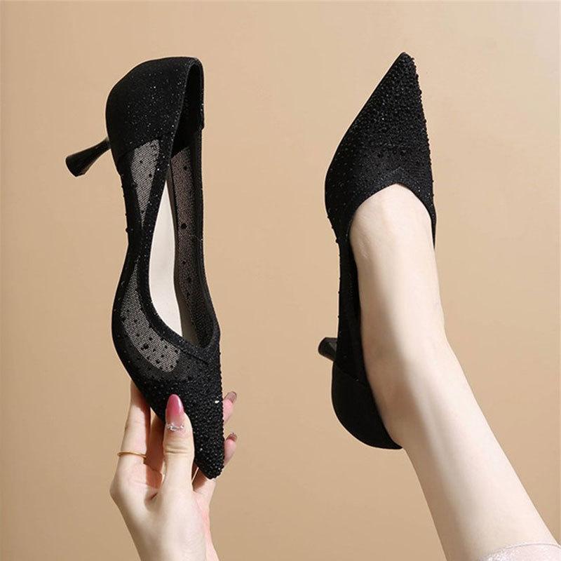 2025 Summer New High-heeled Women's Shoes Pointed Super Flash Crystal Diamond Shoes Shallow Thin Heels Sexy Banquet Shoes