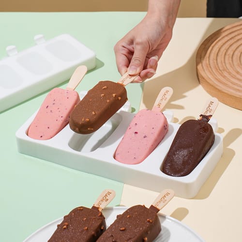 QEZEZA Silicone Popsicle Mold, 4-Cavity Oval, DIY Mold, Cold and Heat Resistant, Ice Cream Mold, Ice Cube Tray, Confectionery, Freezer Tray, Easy Pop-