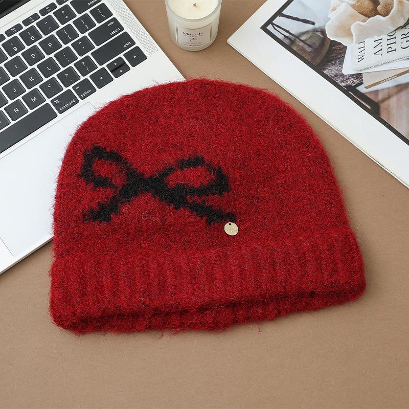 Korean Sweet Bow Jacquard Cold Hat Autumn and Winter Fashion Versatile Knitted Wool Hat Outdoor Cold Warm Hat New