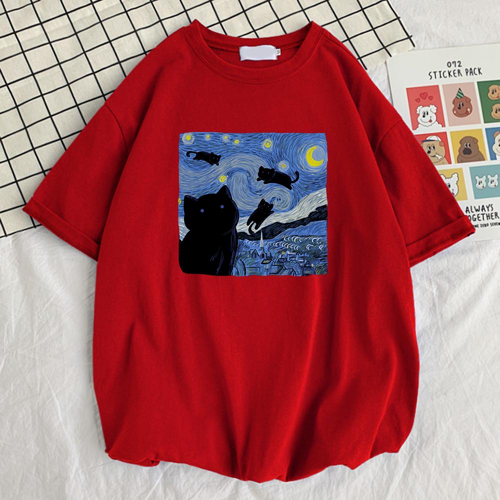 

Vincent Van Gogh Starry Night Cute Cat Unisex Cotton Short Sleeve Crewneck Casual Tops Creative Oversize Short Sleeve Unisexs Clothing S