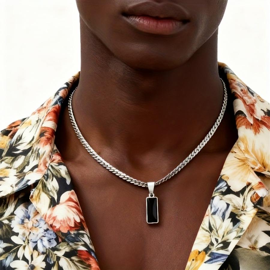 1pc Men's Adjustable Stainless Steel Necklace with Black Synthetic Cubic Zirconiaia Pendant - -Free August Birthstone Suitable for Casual Wear