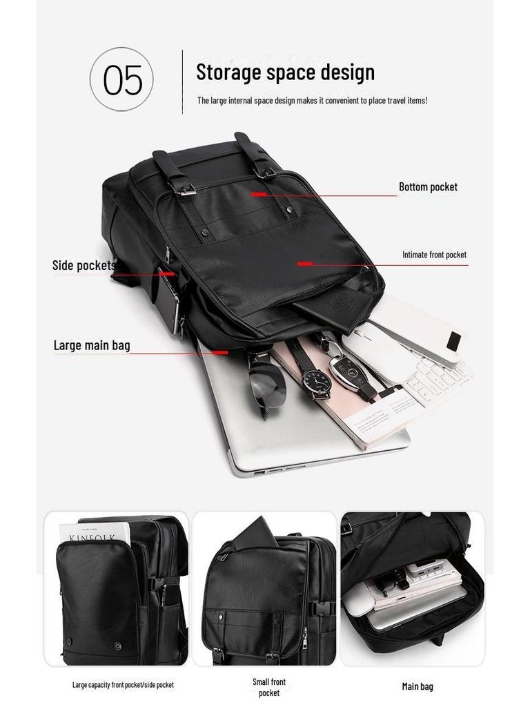 Men's PU Leather Business Travel Backpack: Retro Style, Large Capacity, Perfect for High School and Casual Use.