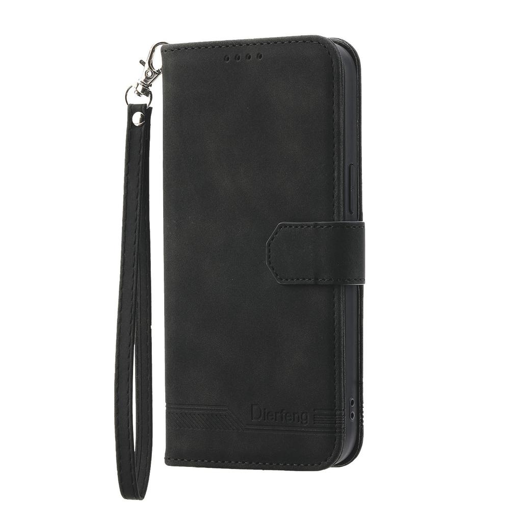 DIERFENG DF-03 For Xiaomi 17 Pro Case Lines Imprint Wallet Leather Phone Cover with Wrist Strap