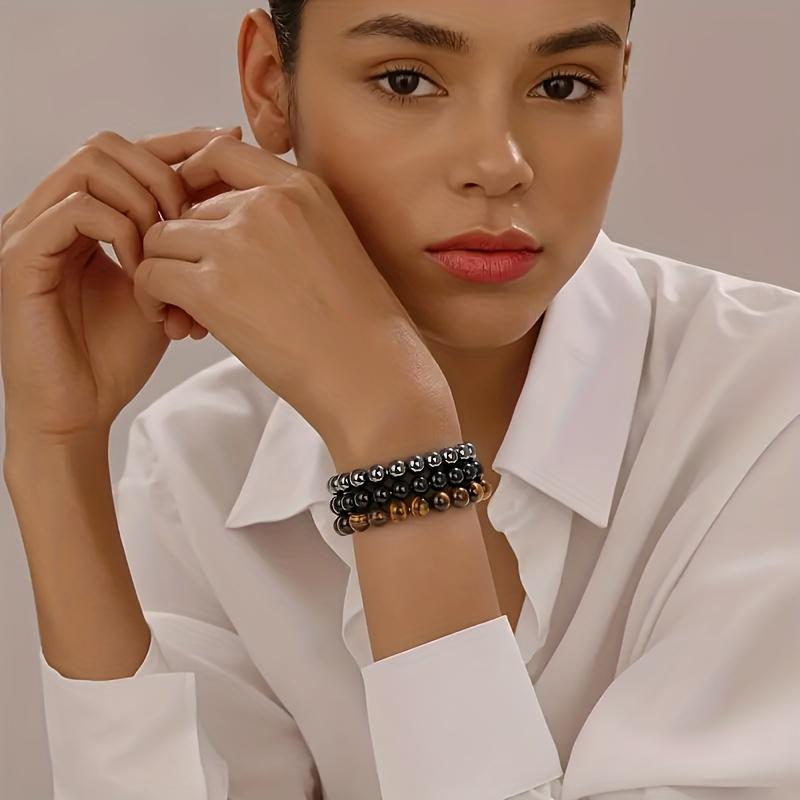 3pcs Mixed Material Bracelet Set | 8mm Tiger Eye + Ferromagnetic + Obsidian Beads, Handmade Elastic Spiritual Additions, Suitable