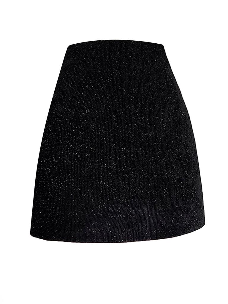Women's Woolen Sequined High-Waisted A-Line Bodycon Skirt - Winter 2025 Petite French Style