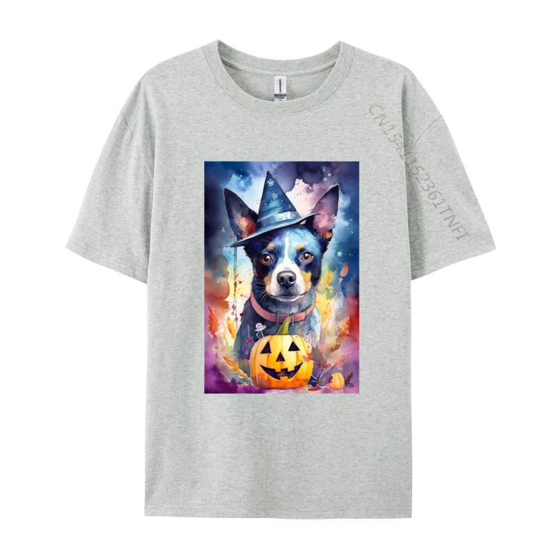 Halloween Blue Heeler With Pumpkins Dog T Shirt New Coming Cotton Adult T Shirt Slim Fit Fitted Round Neck TShirt