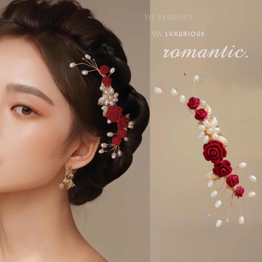 Red Bridal Headwear Pearl Wedding Hair Jewelry Exquisite Bride Tiara  Women