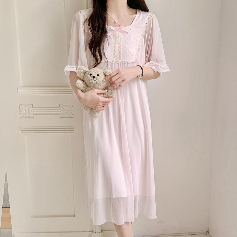 Princess Ling Lei French Nightdress Women'S Summer Mesh Sweet Pure Wind Short-Sleeved Long Dress Pajamas Loungewear