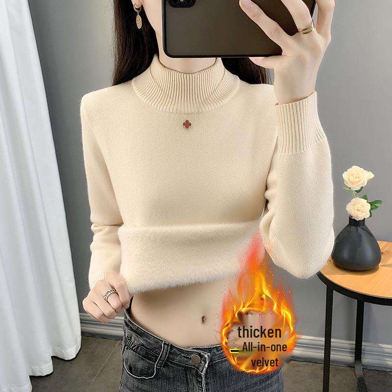 Women's Plus Velvet Warm Knit Sweater, High Collar, Long Sleeve, Thick Inner Layer - 2025 Autumn/Winter Collection