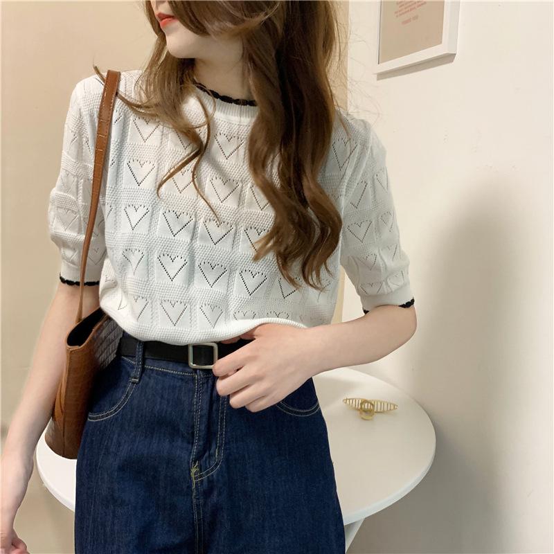 Summer Cream Love White Lazy Wind Short Section Knitted Tops Women Loose Versatile Bottoming Pullover Sweater Casual Essential Slim Fit Pullovers Tees