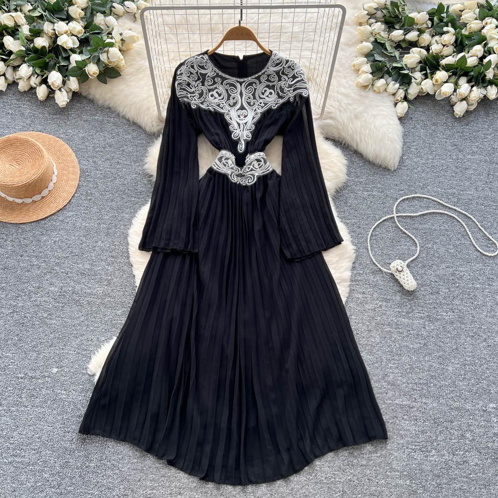 

Шикарное винтажное вышитое плиссированное шифоновое приталенное элегантное сказочное корейское модное бохо сарафан женская одежда длинное платье XXL чёрный