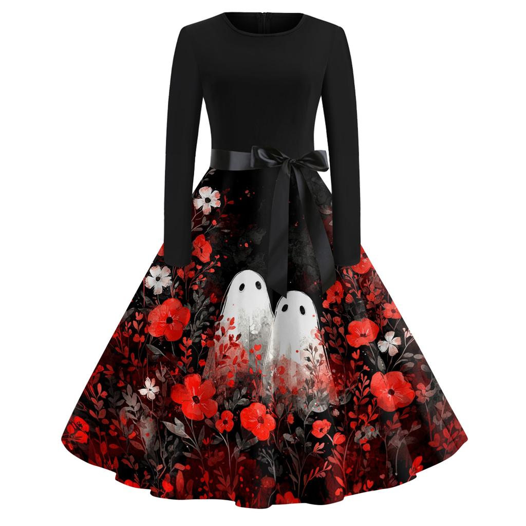 Women's Vintage Long Sleeve Round Neck Halloween Party Dress with Printed Skirt and Waist Tie Elegant Retro Style