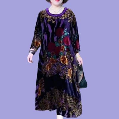 Women's Plus Size Dress Spring/Summer Vintage Printed Gold Velvet Dress Oversized Loose Crew Neck Long Floral Dress