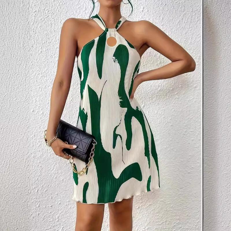 Women s Dress Summer Sleeveless Sexy Striped Pattern Printed Vacation Short Dress Women Fashion Slim Fit Elegant A Line Slim Fit Beach Dresses S зелёный