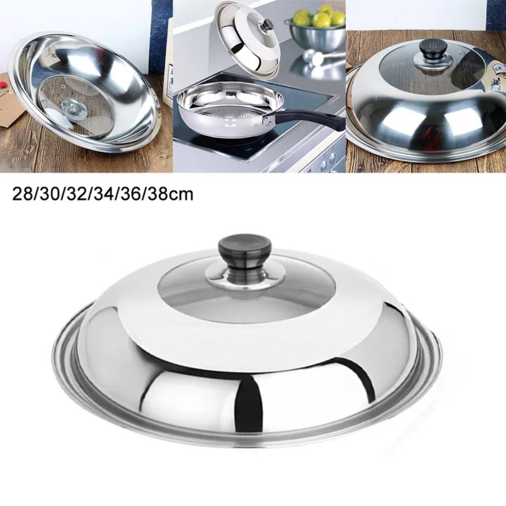28/30/32/34/36/38CM Tampa de panela visível de aço inoxidável Botão de plástico preto Tampa de frigideira doméstica