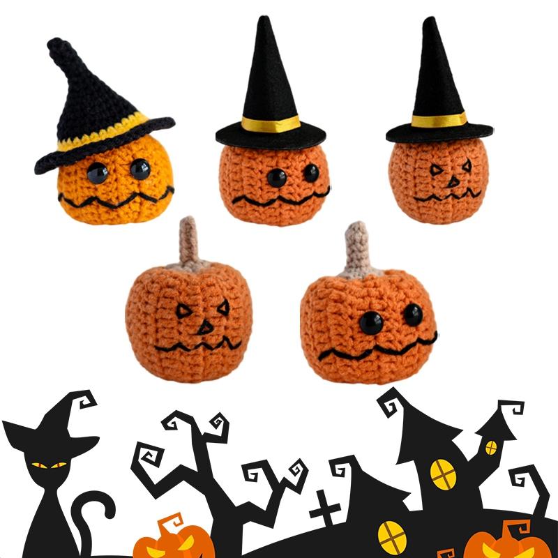 Halloween Crochet Pumpkin Ornament With Hat Card Desktop Decoration Halloween Horror Supplies Office Accessorie Christmas Gift