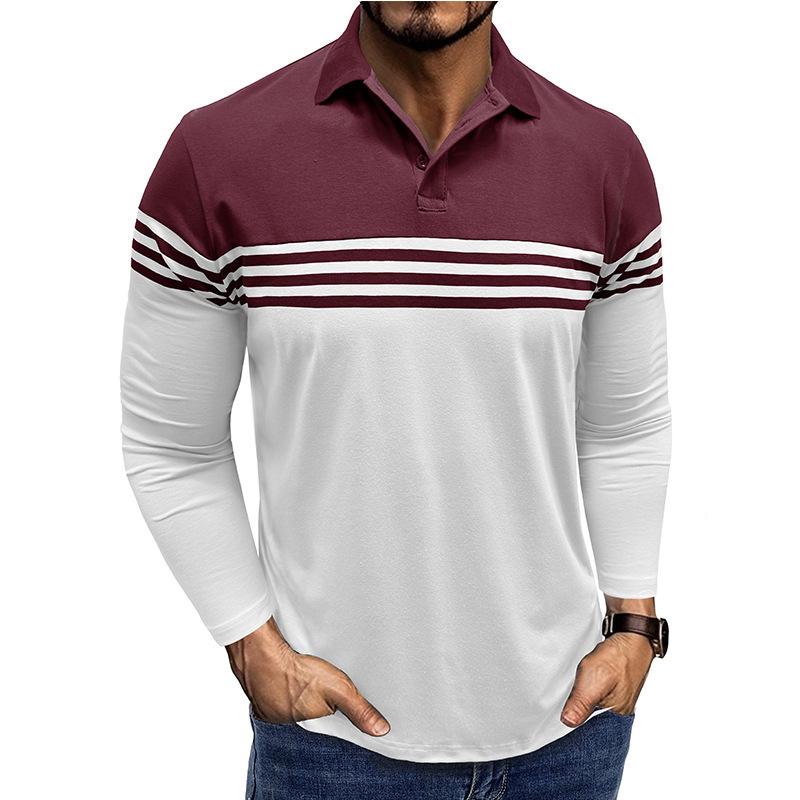 Herbst und Winter Herren Gestreift Bedrucktes Revers T-Shirt Kontrastfarbe Lässig Herren Langarm Poloshirt