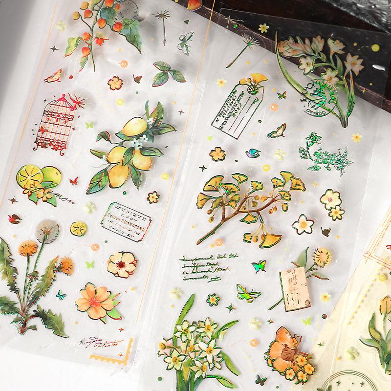 3Pcs Gold Foil Long Strip Flower & Fruit Stickers Retro Luxury Style Journal DIY Collage Decor Supplies