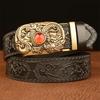 Belt Genuine Leather Belt for Men Carving Flower Pattern Gold Automatic Buckle Belt Strap for Jeans