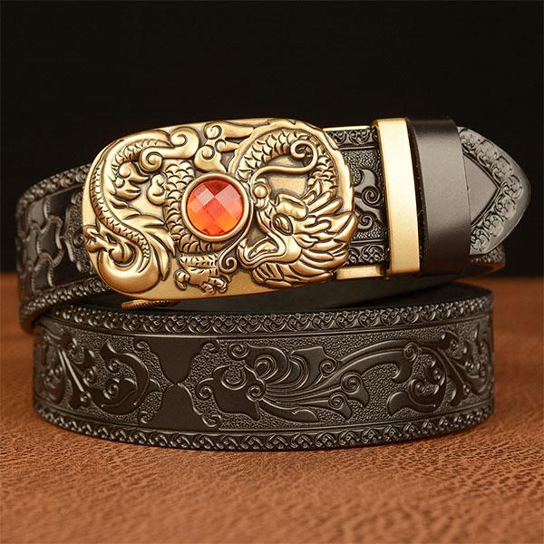 Belt Genuine Leather Belt for Men Carving Flower Pattern Gold Automatic Buckle Belt Strap for Jeans