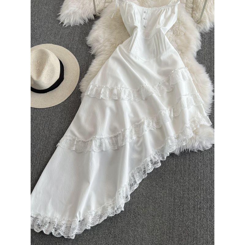 White Sleeveless Sling Irregular Dress Women's Summer 2024 New Arrival Fancy Oblique Mid Length Long Length Skirt