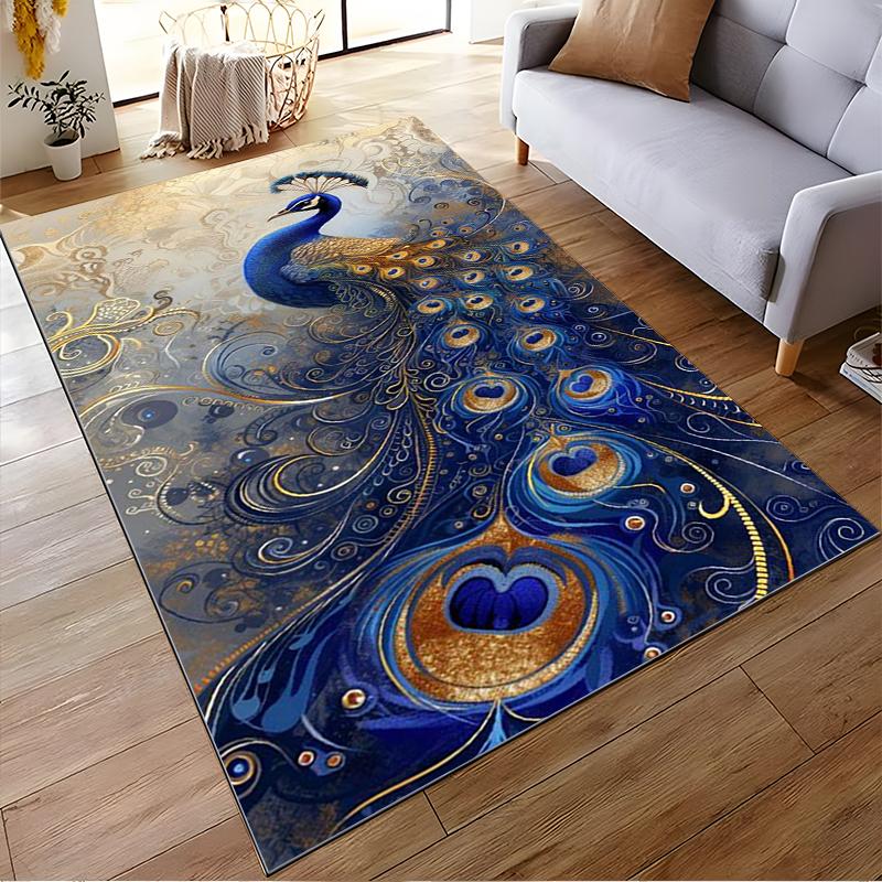 Stunning Blue Peacock Pattern Decorative Rug - Non-slip Rug Suitable for Living Room and Bedroom Sofas