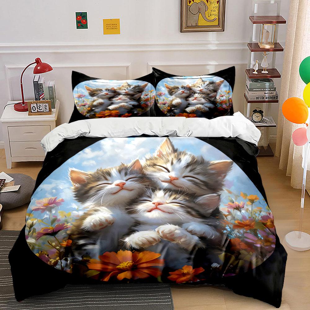 Cat Trio Decorative Set Soft Comfortable Duvet Cover Bedding Set Included 1*Duvet Cover & 2*Pillowcases, Gift