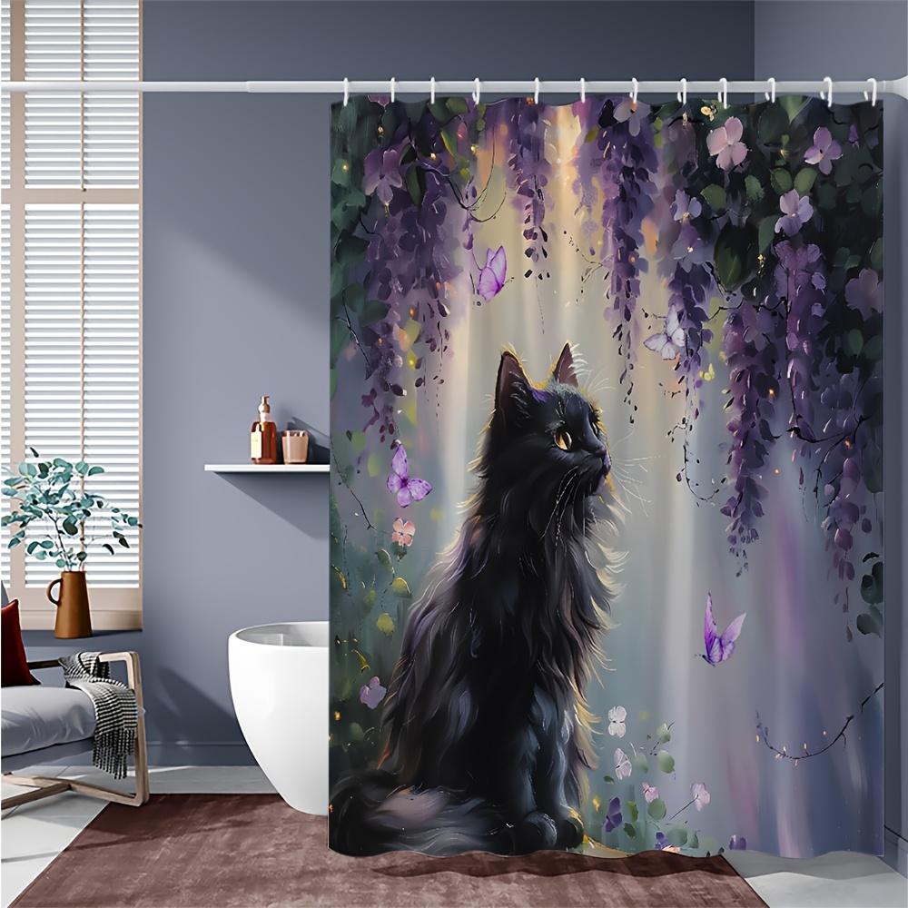 Black Cat Shower Curtain - Purple Lavender & Wisteria, Spring Watercolor Butterfly Design - Polyester Bath Curtain Set