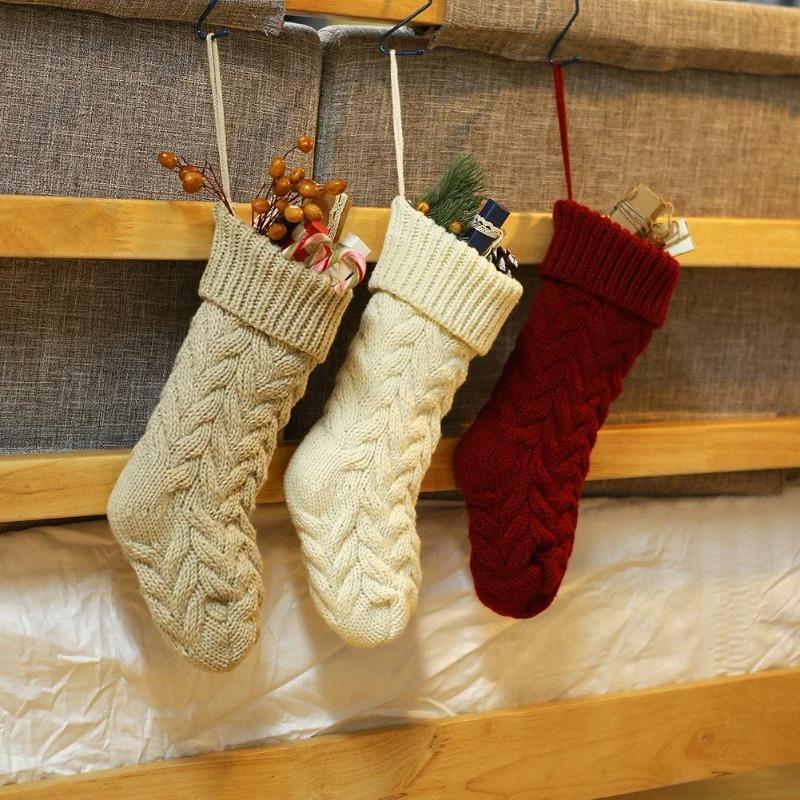 1pc Christmas Knitted Stockings Festival Gift Bag Fireplace Xmas Tree Hanging Ornaments Decor Red White Christmas Sock