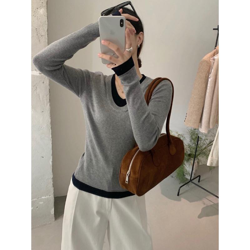 Trendy Retro Fake Two-piece Knitted Sweater Women's Autumn and Winter Collar Sexy Contrasting Color Inner Bottoming Shirt Top