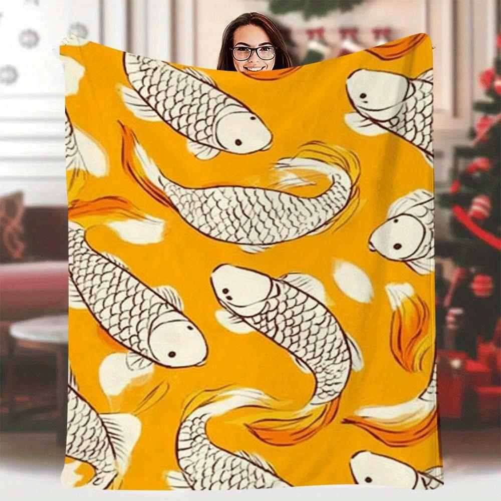 

1pc 60x80 Inch Vintage Golden Koi Fish Print Blanket - Soft Warm All-Season Orange & White Dorm Camping Travel Multi-Purpose 70x100cm28x39in