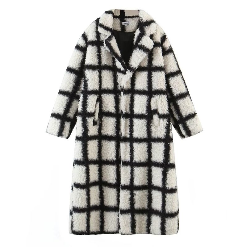 

Fried Street High-Grade Sense Idle Style Loose Black and White Plaid Lamb Wool Thick Warm over the Knee Outerwear Wool coat Women Classic black and white grid(High quality) L