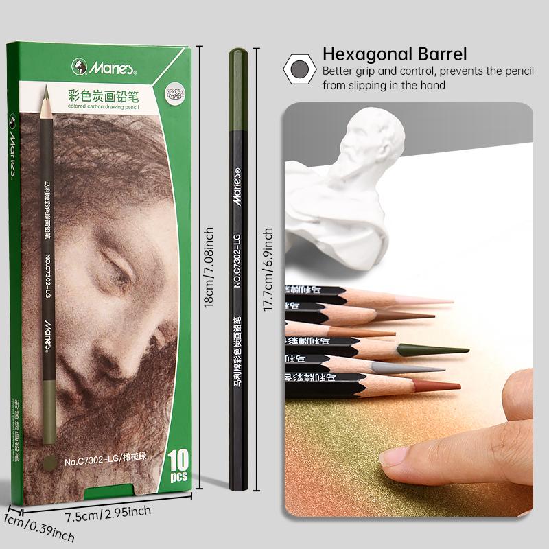 10 szt. Zestaw profesjonalnych kredek węglowych kolorowych Marie's, kolory odcieni skóry do szkicowania, cieniowania, mieszania, dla dorosłych i artystów