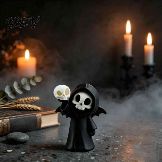 Halloween Tabletop Decoration 3D Printed Grim Reaper Skull Ornament, with Bat Wings Decor, Micro Landscape Ornaments Cute Gothic Desk Figurine,