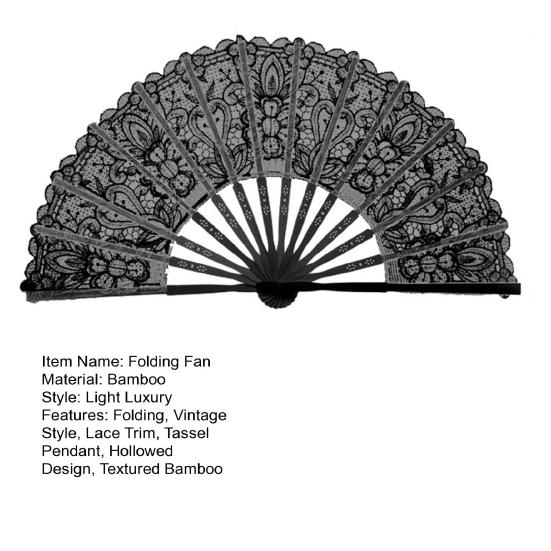 Vintage Style Folding Fan with Lace Trim And Tassel Pendant Elegant Fabric And Bamboo Handheld Fan Hollowed Hand Fan for Wedding Party Home Decor