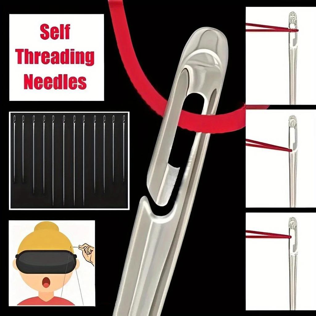 12pcs Stainless Steel Easy Thread Side Hole Sewing Needles, Hand Stitching Pins for Seniors, DIY Home Craft Supplies - White, Stitching Pins