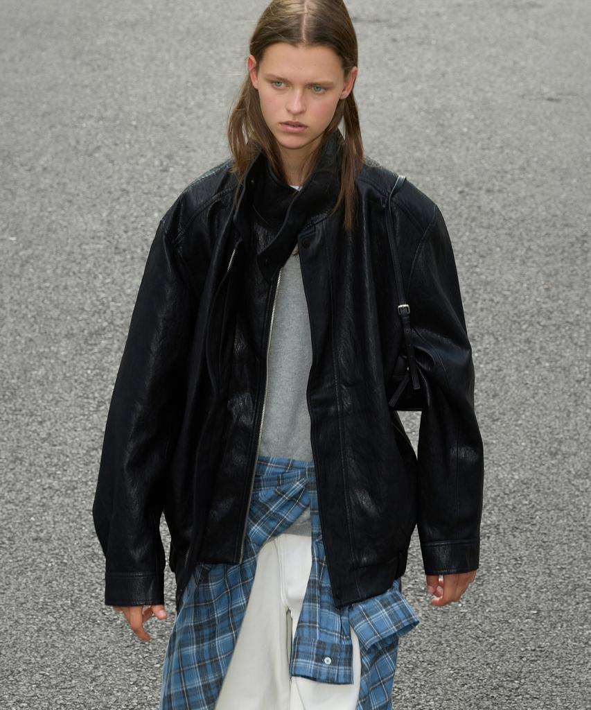 LEVAR Layered Collar Leather Jacket - Black