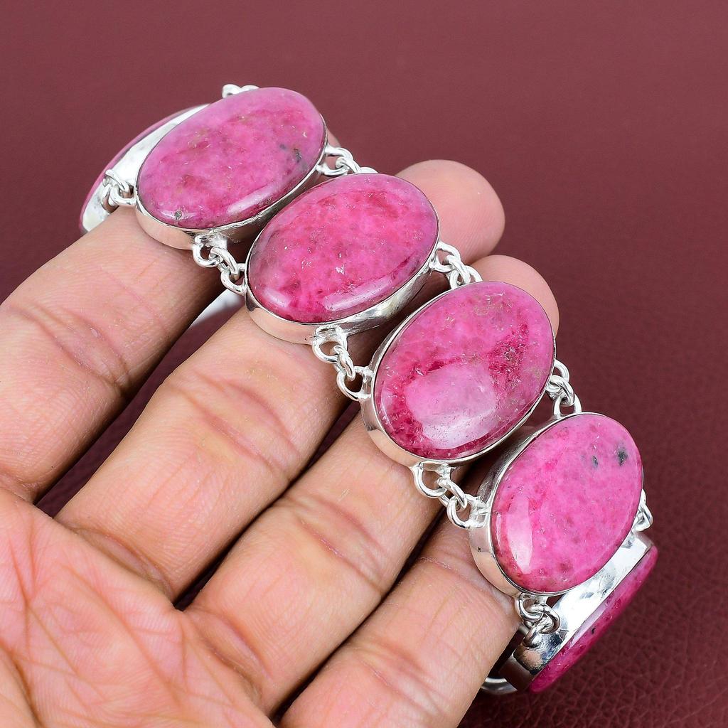 Rhodonite bracelet natural gemstone bracelet handmade antique jewelry 925 sterling silver bracelet adjustable chain bracelet gifts for wife