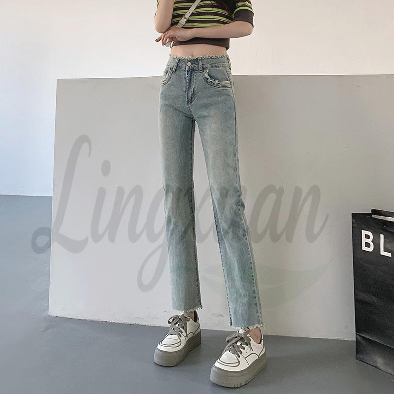 

2026 Summer Women s High Waist Light Denim Cigarette Pants - 150cm Petite, Straight Leg, Raw Hem, Nine-Point Length. XS синий