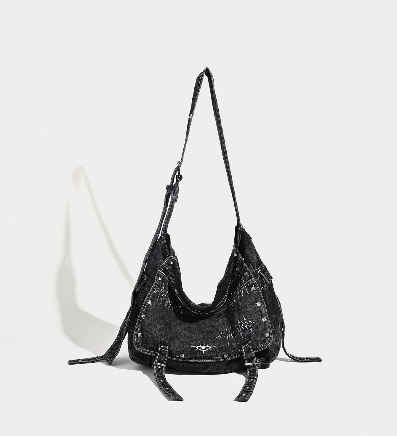 

Сумка-тоут большой вместимости, сумка из выбеленного и состаренного денима с заклепками, сумка кроссбоди для поездок чёрный