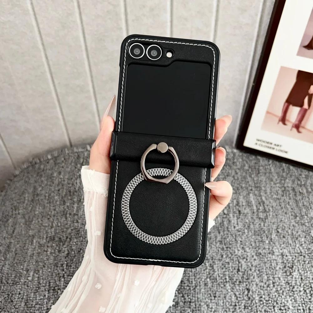 

New Frosted Leather Pineapple Texture Ring Holder Magnetic Phone Case For Samsung Galaxy Z Flip 7 FE 6 5 4 Wireless Charge Cover Galaxy Z Flip7 FE чорний