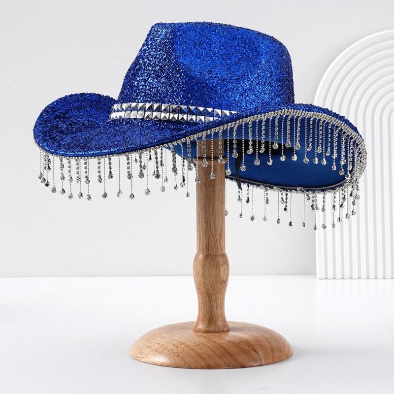 Třpytivý klobouk s třásněmi z kamínků pro ženy muže klobouk fedora na hudební festival s velkým třpytivým práškem na večírky