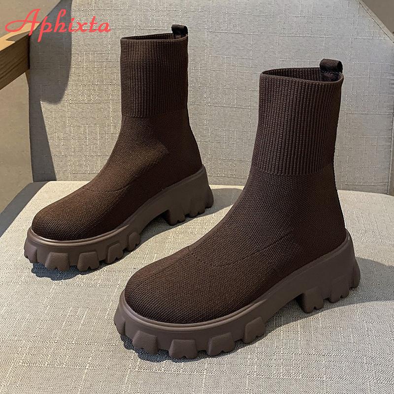 Aphixta Autumn New Stretch Fabric Socks Shoes Woman Casual Platform Boots Net Red Knitted Short Boots Women Plus Size Booties