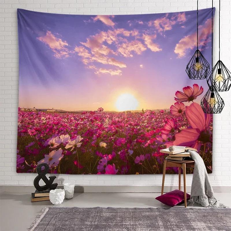 Sunset Flower Field Landscape Wall Decor Tapestry Home Living Room Tapestry