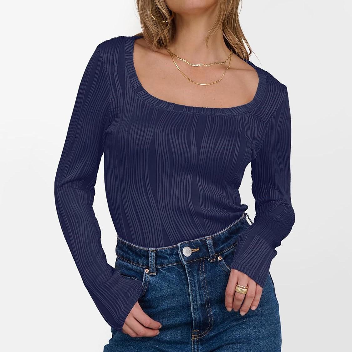 

Жіноча та зимова тонка футболка Модний повсякденний однотонний пуловер з круглим вирізом і довгим рукавом M