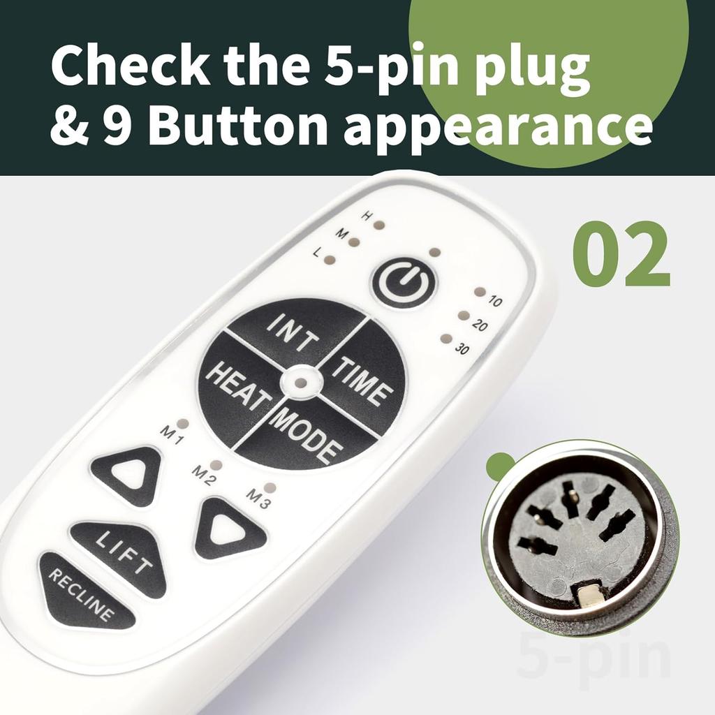 5 Pin Female Plug DN-34A 9 Button Recliner Remote Controller for Heat Vibration & Up/Down, 3 Vibration Mode & 3 Massage Time Option with 1 USB